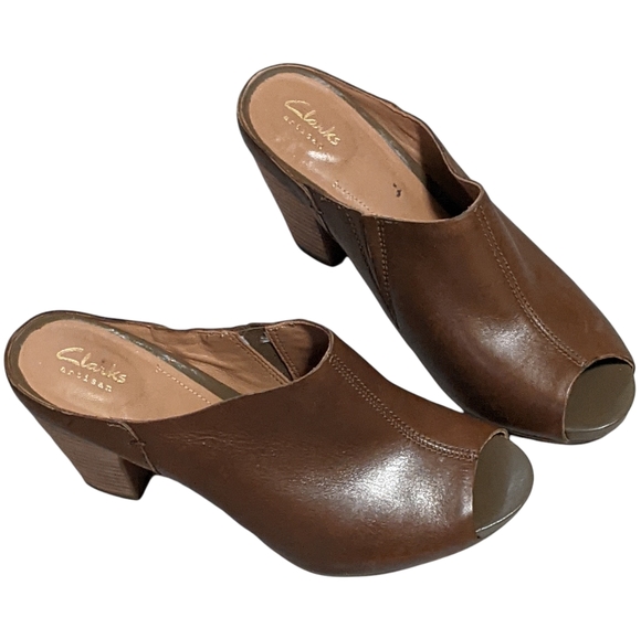 Clarks Okena chic peep toe leather mule stacked wood heel brown green 10M - Picture 3 of 14